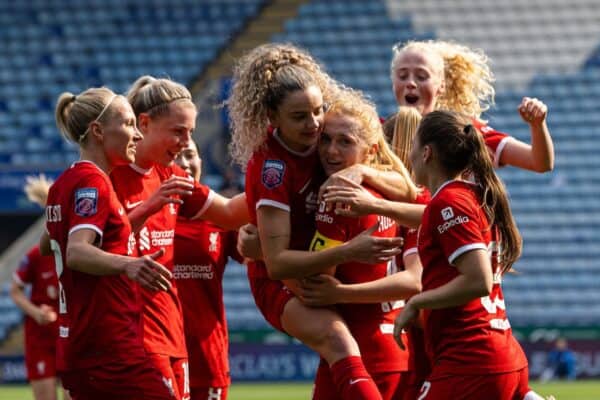 LEICESTER, ENGLAND - Saturday, May 18, 2024: Liverpool's Leanne Kiernan celebrates with team-mate Ceri Holland after scoring her side's second goal during the final FA Women’s Super League game of the season between Leicester City FC Women and Liverpool FC Women at the King Power Stadium. Liverpool won 4-0. (Photo by David Rawcliffe/Propaganda)