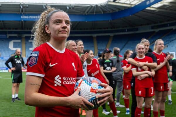 LEICESTER, ENGLAND - Saturday, May 18, 2024: Liverpool's hat-trick hero Leanne Kiernan celebrates with the match-ball after the final FA Women’s Super League game of the season between Leicester City FC Women and Liverpool FC Women at the King Power Stadium. Liverpool won 4-0. (Photo by David Rawcliffe/Propaganda)