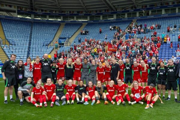 LEICESTER, ENGLAND - Saturday, May 18, 2024: Liverpool players and staff celebrate after the final FA Women’s Super League game of the season between Leicester City FC Women and Liverpool FC Women at the King Power Stadium. Liverpool won 4-0. (Photo by David Rawcliffe/Propaganda)