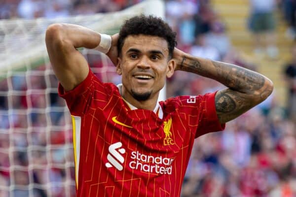 LIVERPOOL, ENGLAND - Saturday, May 18, 2024: Liverpool's Luis Díaz reacts after missing a chance during the FA Premier League match between Liverpool FC and Wolverhampton Wanderers FC at Anfield. Liverpool won 2-0. (Photo by David Rawcliffe/Propaganda)