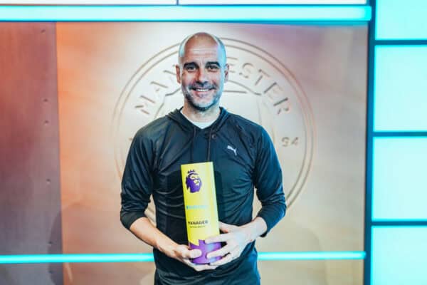 MANCHESTER, ENGLAND - Tuesday, May 21, 2024: Manchester City's manager Josep 'Pep' Guardiola with the Premier League Manager of the Season Award. (Photo by Manchester City FC)