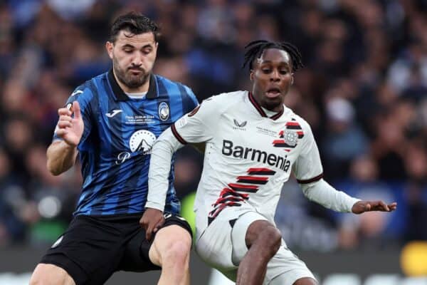DUBLIN, IRELAND - MAY 22: Jeremie Frimpong of Bayer 04 Leverkusen controls the ball whilst under pressure from Sead Kolasinac of Atalanta BC during the UEFA Europa League 2023/24 final match between Atalanta BC and Bayer 04 Leverkusen at Dublin Arena on May 22, 2024 in Dublin, Ireland. (Handout photo from UEFA)