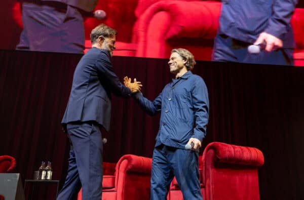 LIVERPOOL, ENGLAND - Monday, May 27, 2024: Jürgen Klopp (L) and John Bishop during An Evening with Jürgen Klopp' an event at the Liverpool Arena celebrating Klopp's nine years as manager of Liverpool Football Club. (Photo by Ryan Brown/Propaganda)