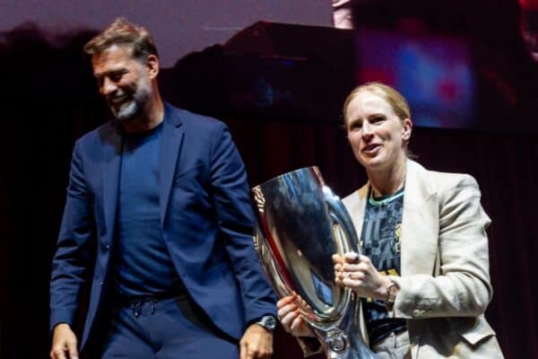 LIVERPOOL, ENGLAND - Monday, May 27, 2024: Former Liverpool women's player Natasha Dowie with the UEFA Super Cup trophy during An Evening with Jürgen Klopp' an event at the Liverpool Arena celebrating Klopp's nine years as manager of Liverpool Football Club. (Photo by Ryan Brown/Propaganda)