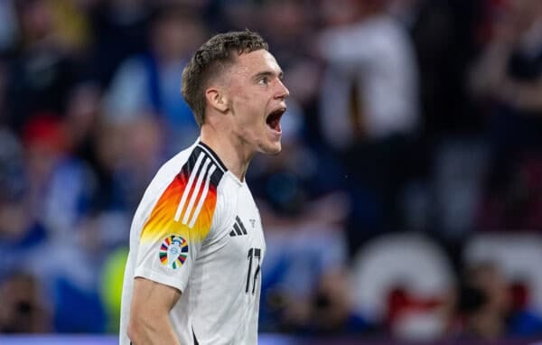 MUNICH, GERMANY - Friday, June 14, 2024: Germany's Florian Wirtz celebrates after scoring the opening goal during the opening UEFA Euro 2024 Group A match between Germany and Scotland at the Allianz Arena. Germany won 5-1. (Photo by David Rawcliffe/Propaganda)