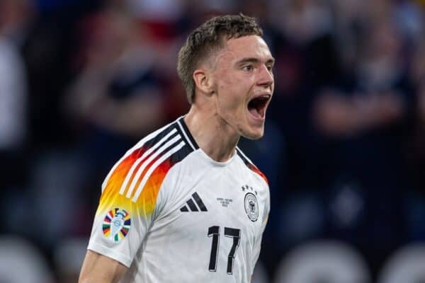 MUNICH, GERMANY - Friday, June 14, 2024: Germany's Florian Wirtz celebrates after scoring the opening goal during the opening UEFA Euro 2024 Group A match between Germany and Scotland at the Allianz Arena. Germany won 5-1. (Photo by David Rawcliffe/Propaganda)