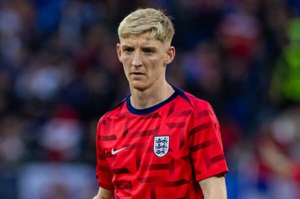 GELSENKIRCHEN, GERMANY - Sunday, June 16, 2024: England's Anthony Gordon during the pre-match warm-up before the UEFA Euro 2024 Group C match between Serbia and England at the Arena AufSchalke. England won 1-0. (Photo by David Rawcliffe/Propaganda)