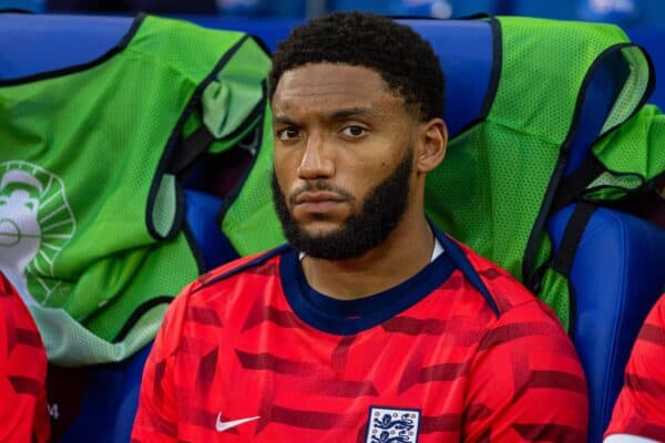 GELSENKIRCHEN, GERMANY - Sunday, June 16, 2024: England's Joe Gomez on the bench before the UEFA Euro 2024 Group C match between Serbia and England at the Arena AufSchalke. England won 1-0. (Photo by David Rawcliffe/Propaganda)