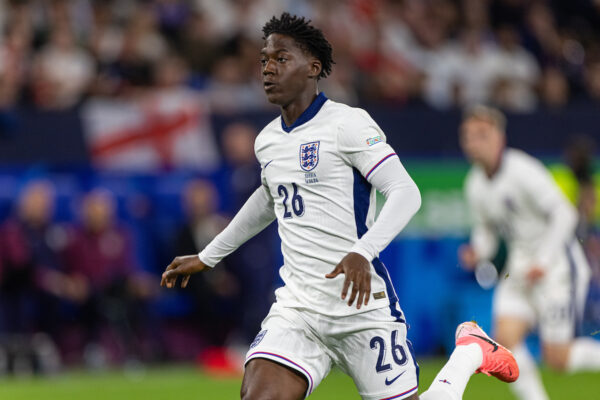 GELSENKIRCHEN, GERMANY - Sunday, June 16, 2024: England's Kobbie Mainoo during the UEFA Euro 2024 Group C match between Serbia and England at the Arena AufSchalke. England won 1-0. (Photo by David Rawcliffe/Propaganda)