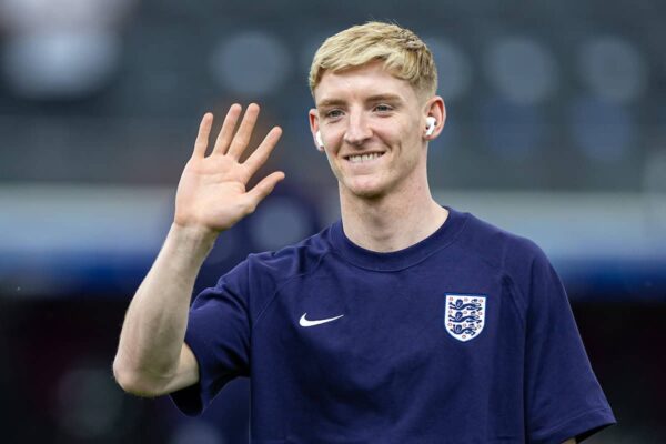 FRANKFURT, GERMANY - Thursday, June 20, 2024: England's Anthony Gordon on the pitch before the UEFA Euro 2024 Group C match between Denmark and England at the Waldstadion. The game ended in a 1-1 draw. (Photo by David Rawcliffe/Propaganda)