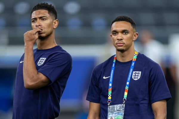 FRANKFURT, GERMANY - Thursday, June 20, 2024: England's Jude Bellingham (L) and Trent Alexander-Arnold (R) on the pitch before the UEFA Euro 2024 Group C match between Denmark and England at the Waldstadion. The game ended in a 1-1 draw. (Photo by David Rawcliffe/Propaganda)