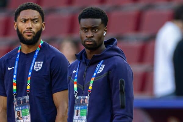 COLOGNE, GERMANY - Tuesday, June 25, 2024: England's Eberechi Eze, Conor Gallagher, Joe Gomez, Marc Guéhi before the UEFA Euro 2024 Group C match between England and Slovenia at the Müngersdorfer Stadium. The game ended in a goal-less draw. (Photo by David Rawcliffe/Propaganda)