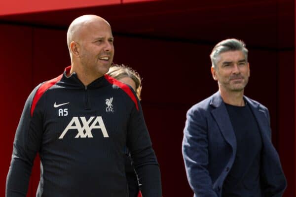 KIRKBY, ENGLAND - Friday, July 5, 2024: Liverpool's new head coach Arne Slott (L) and Sporting Director Richard Hughes are presented at a photo call at the club's AXA Training Centre. (Photo by David Rawcliffe/Propaganda)