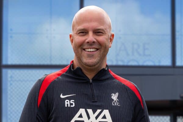 KIRKBY, ENGLAND - Friday, July 5, 2024: Liverpool's new head coach Arne Slott (L) and Sporting Director Richard Hughes are presented at a photo call at the club's AXA Training Centre. (Photo by David Rawcliffe/Propaganda)