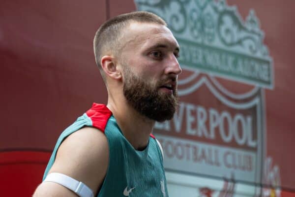 PITTSBURGH - Tuesday, July 23, 2024: Liverpool's Nat Phillips returns to the team hotel after the team's second training session of the day on day one of the club's pre-season tour of the USA. (Photo by David Rawcliffe/Propaganda)