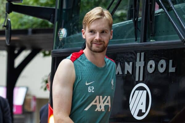 PITTSBURGH - Tuesday, July 23, 2024: Liverpool's goalkeeper Caoimhin Kelleher returns to the team hotel after the team's second training session of the day on day one of the club's pre-season tour of the USA. (Photo by David Rawcliffe/Propaganda)