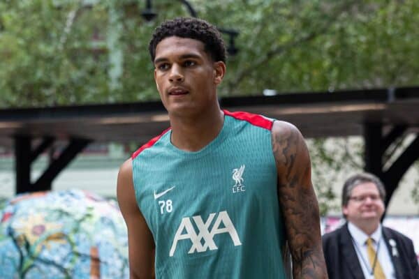 PITTSBURGH - Tuesday, July 23, 2024: Liverpool's Jarell Quansah returns to the team hotel after the team's second training session of the day on day one of the club's pre-season tour of the USA. (Photo by David Rawcliffe/Propaganda)