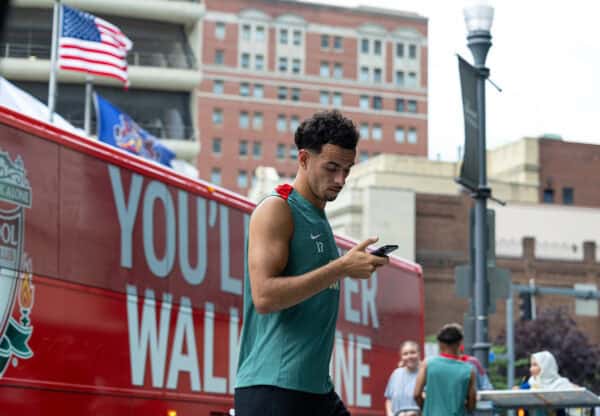 PITTSBURGH - Tuesday, July 23, 2024: Liverpool's Curtis Jones returns to the team hotel after the team's second training session of the day on day one of the club's pre-season tour of the USA. (Photo by David Rawcliffe/Propaganda)
