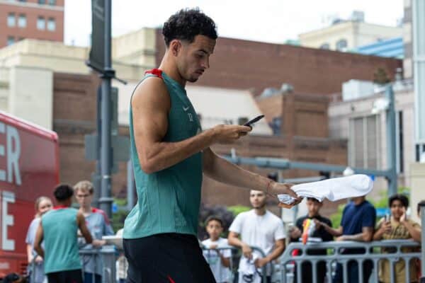 PITTSBURGH - Tuesday, July 23, 2024: Liverpool's Curtis Jones returns to the team hotel after the team's second training session of the day on day one of the club's pre-season tour of the USA. (Photo by David Rawcliffe/Propaganda)