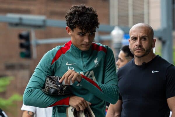 PITTSBURGH - Tuesday, July 23, 2024: Liverpool's Stefan Bajcetic returns to the team hotel after the team's second training session of the day on day one of the club's pre-season tour of the USA. (Photo by David Rawcliffe/Propaganda)