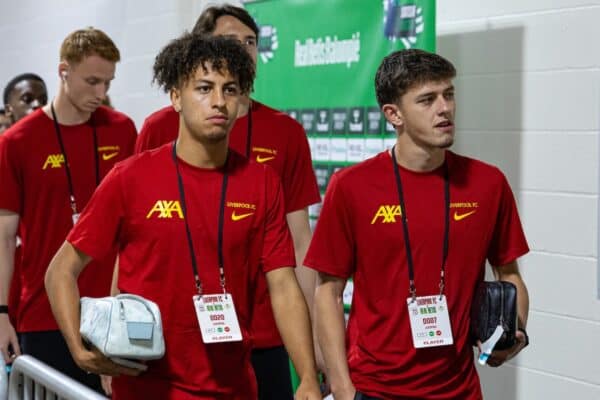 PITTSBURGH - Friday, July 26, 2024: Liverpool's Kaide Gordon (L) and Owen Beck arrive before a pre-season friendly match between Liverpool and Real Betis Balompié at the Acrisure Stadium on day three of the club's pre-season tour of the USA. (Photo by David Rawcliffe/Propaganda)