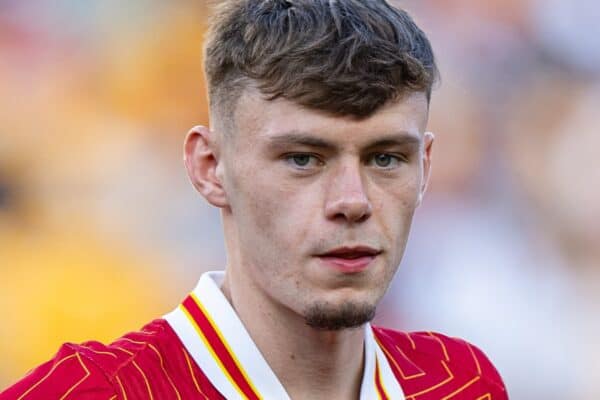 PITTSBURGH - Friday, July 26, 2024: Liverpool's Conor Bradley lines-up before a pre-season friendly match between Liverpool and Real Betis Balompié at the Acrisure Stadium on day three of the club's pre-season tour of the USA. Liverpool won 1-0. (Photo by David Rawcliffe/Propaganda)