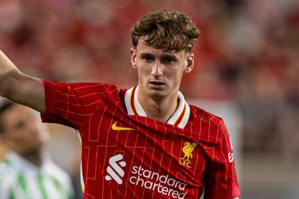 PITTSBURGH - Friday, July 26, 2024: Liverpool's Tyler Morton during a pre-season friendly match between Liverpool and Real Betis Balompié at the Acrisure Stadium on day three of the club's pre-season tour of the USA. Liverpool won 1-0. (Photo by David Rawcliffe/Propaganda)