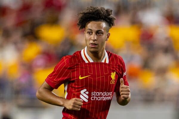 PITTSBURGH - Friday, July 26, 2024: Liverpool's Kaide Gordon during a pre-season friendly match between Liverpool and Real Betis Balompié at the Acrisure Stadium on day three of the club's pre-season tour of the USA. Liverpool won 1-0. (Photo by David Rawcliffe/Propaganda)