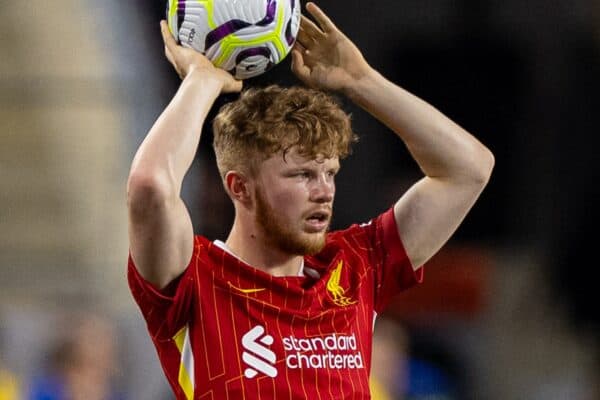 PITTSBURGH - Friday, July 26, 2024: Liverpool's Luca Stephenson takes a throw-in during a pre-season friendly match between Liverpool and Real Betis Balompié at the Acrisure Stadium on day three of the club's pre-season tour of the USA. Liverpool won 1-0. (Photo by David Rawcliffe/Propaganda)