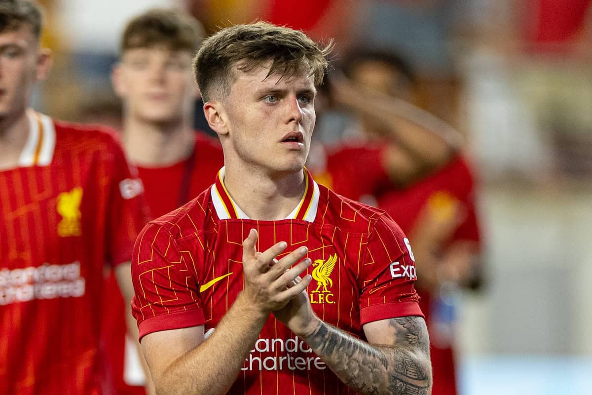 PITTSBURGH - Friday, July 26, 2024: Liverpool's Ben Doak applauds the supporters after a pre-season friendly match between Liverpool and Real Betis Balompié at the Acrisure Stadium on day three of the club's pre-season tour of the USA. Liverpool won 1-0. (Photo by David Rawcliffe/Propaganda)