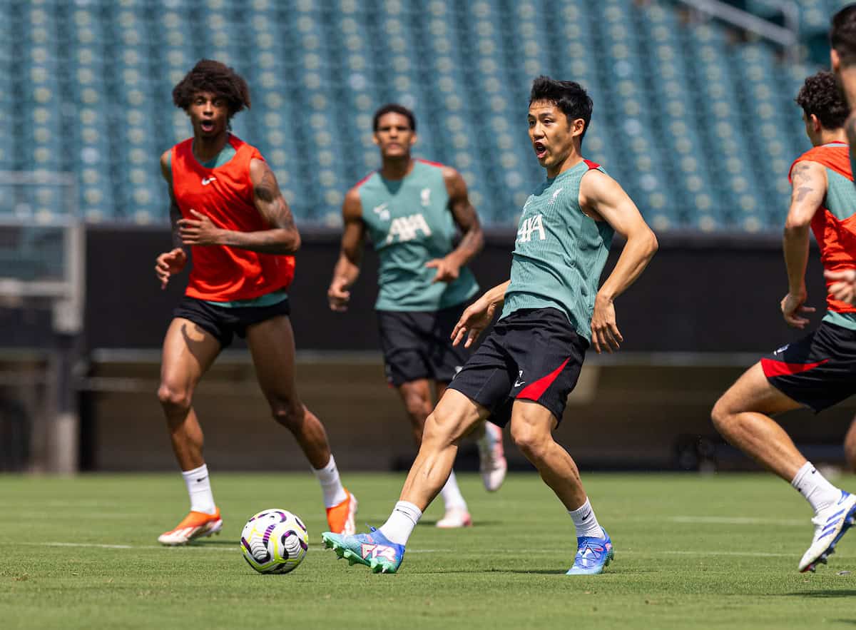 PHILADELPHIA - Sunday, July 28, 2024: Liverpool's Wataru End? during an open training session at Lincoln Financial Field on day five of the club's pre-season tour of the USA. (Photo by David Rawcliffe/Propaganda)