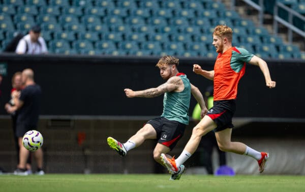 PHILADELPHIA - Sunday, July 28, 2024: Liverpool's Harvey Elliott (L) and Luca Stephenson during an open training session at Lincoln Financial Field on day five of the club's pre-season tour of the USA. (Photo by David Rawcliffe/Propaganda)