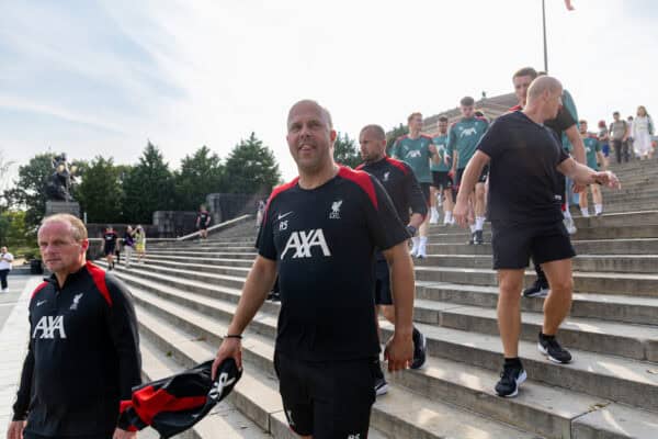 PHILADELPHIA - Monday, July 29, 2024: Head coach Arne Slot and the Liverpool squad visit the 'Rocky Steps' at the Philadelphia Museum of Art on day six of the club's pre-season tour of the USA. The 72 stone steps leading to the museum gained global fame after being featured in a notable scene from the 1976 film Rocky. (Photo by David Rawcliffe/Propaganda)