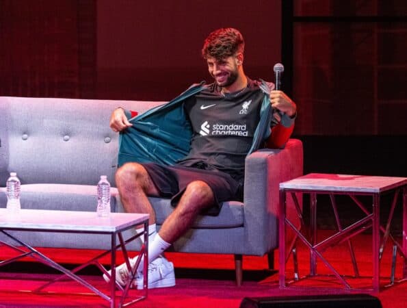 Liverpool's Dominik Szoboszlai shows off the new black away kit during an LFC Foundation event at the Fillmore on day seven of the club's pre-season tour of the USA.