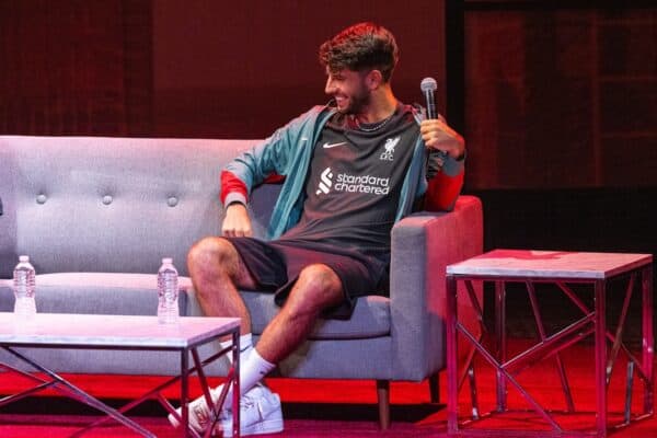 PHILADELPHIA - Tuesday, July 30, 2024: LFC at the Fillmore... Liverpool's Dominik Szoboszlai shows off the new black away kit during an LFC Foundation event at the Fillmore on day seven of the club's pre-season tour of the USA. (Photo by David Rawcliffe/Propaganda)