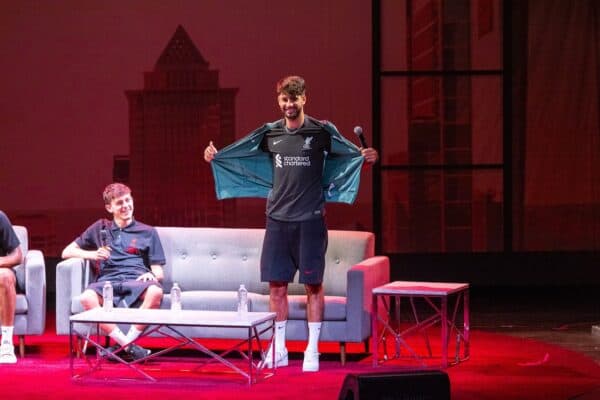 Liverpool's Dominik Szoboszlai shows off the new black away kit during an LFC Foundation event at the Fillmore on day seven of the club's pre-season tour of the USA.