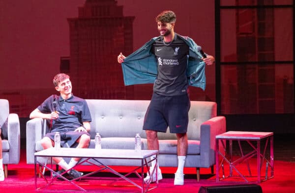 PHILADELPHIA - Tuesday, July 30, 2024: LFC at the Fillmore... Liverpool's Dominik Szoboszlai shows off the new black away kit during an LFC Foundation event at the Fillmore on day seven of the club's pre-season tour of the USA. (Photo by David Rawcliffe/Propaganda)