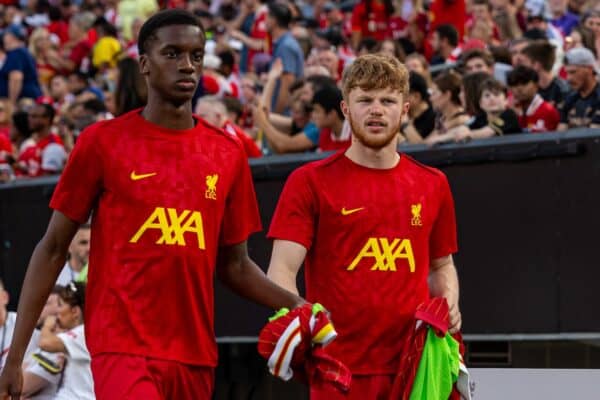 PHILADELPHIA - Wednesday, July 31, 2024: Liverpool substitutes Trey Nyoni (L) and Luca Stephenson before a pre-season friendly match between Liverpool FC and Arsenal FC at the Lincoln Financial Field on day eight of the club's pre-season tour of the USA. Liverpool won 2-1. (Photo by David Rawcliffe/Propaganda)