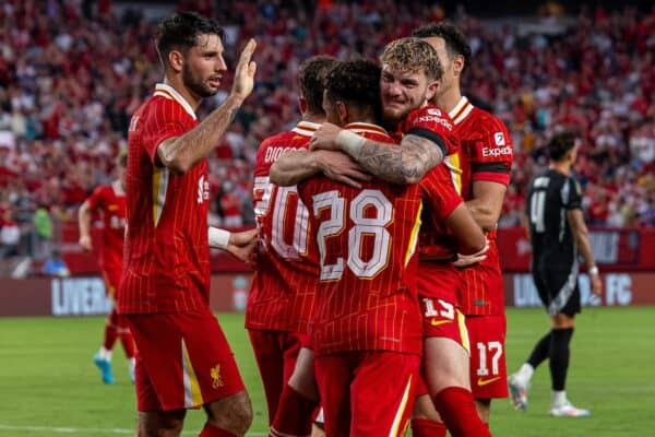 PHILADELPHIA - Wednesday, July 31, 2024: Liverpool's Fábio Carvalho celebrates with team-mate Harvey Elliott (R) after scoring the second goal during a pre-season friendly match between Liverpool FC and Arsenal FC at the Lincoln Financial Field on day eight of the club's pre-season tour of the USA. Liverpool won 2-1. (Photo by David Rawcliffe/Propaganda)