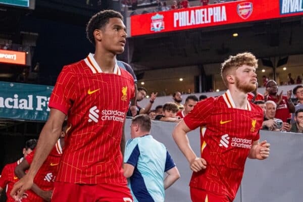PHILADELPHIA - Wednesday, July 31, 2024: Liverpool's Jarell Quansah (L) and Luca Stephenson during a pre-season friendly match between Liverpool FC and Arsenal FC at the Lincoln Financial Field on day eight of the club's pre-season tour of the USA. Liverpool won 2-1. (Photo by David Rawcliffe/Propaganda)