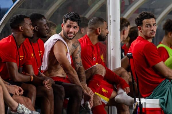 PHILADELPHIA - Wednesday, July 31, 2024: Liverpool's Dominik Szoboszlai on the bench during a pre-season friendly match between Liverpool FC and Arsenal FC at the Lincoln Financial Field on day eight of the club's pre-season tour of the USA. Liverpool won 2-1. (Photo by David Rawcliffe/Propaganda)