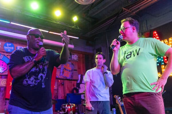 COLUMBIA - Friday, August 2, 2024: (L-R) Mo Stewart, Neil Atkinson and Dan Morgan of The Anfield Wrap during an event at the Tin Roof ahead of a pre-season friendly match between Liverpool FC and Manchester United FC on day ten of the club's pre-season tour of the USA. (Photo by David Rawcliffe/Propaganda)