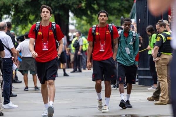 COLUMBIA - Saturday, August 3, 2024: Liverpool's goalkeeper Marcelo Pitaluga (L) and Jarell Quansah (R) arrive before a pre-season friendly match between Liverpool FC and Manchester United FC at the Williams-Brice Stadium on day eleven of the club's pre-season tour of the USA. Liverpool won 3-0. (Photo by David Rawcliffe/Propaganda)