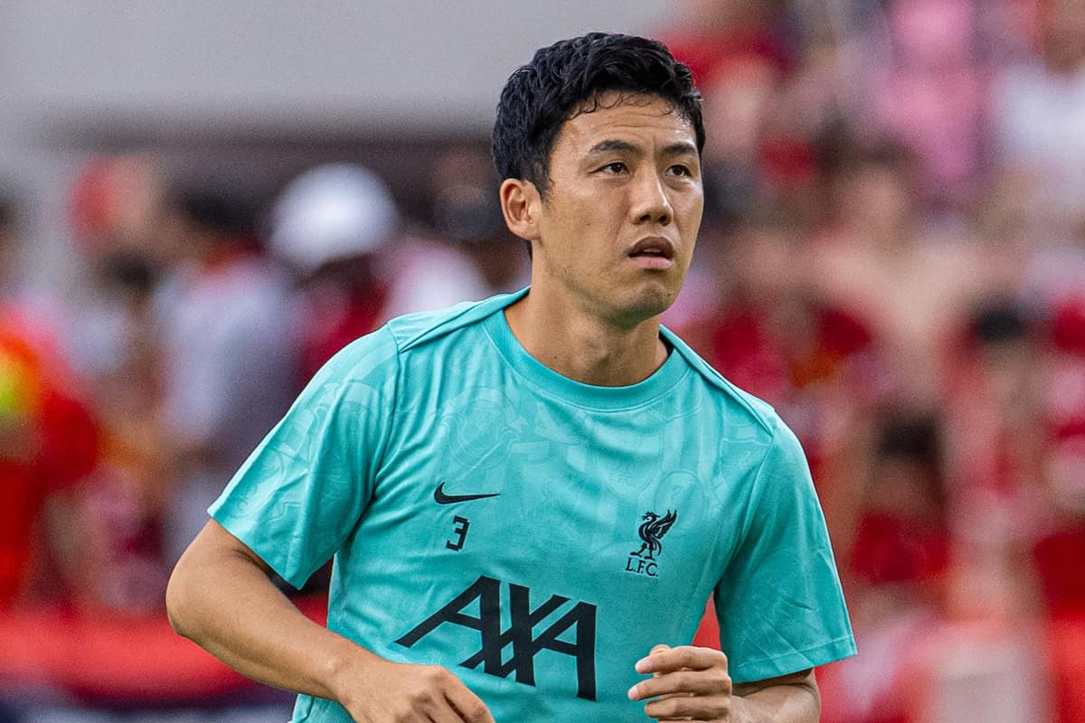 COLUMBIA - Saturday, August 3, 2024: Liverpool's Wataru Endo during the pre-match warm-up before a pre-season friendly match between Liverpool FC and Manchester United FC at the Williams-Brice Stadium on day eleven of the club's pre-season tour of the USA. Liverpool won 3-0. (Photo by David Rawcliffe/Propaganda)