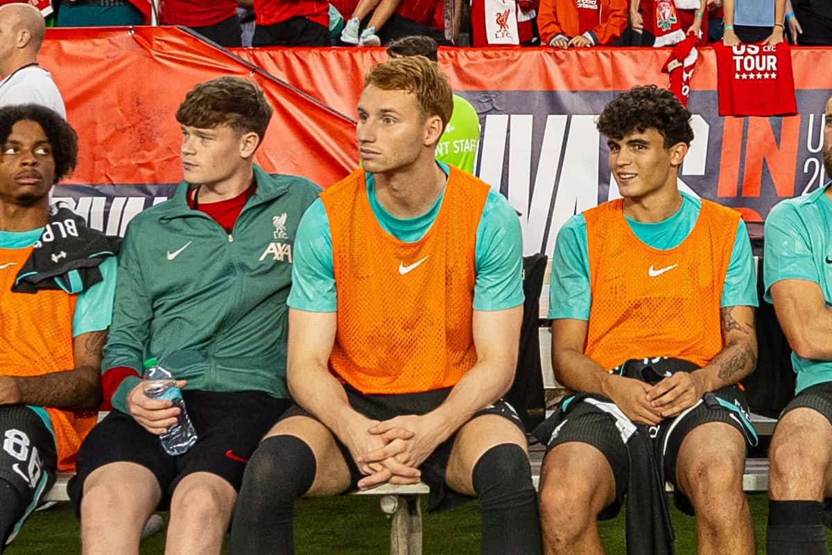 COLUMBIA - Saturday, August 3, 2024: Liverpool substitutes (L-R) Harvey Blair, James McConnell,Sepp van den Berg, Stefan Bajcetic, Nathaniel Phillips, Wataru End?, Ben Doak on the bench before a pre-season friendly match between Liverpool FC and Manchester United FC at the Williams-Brice Stadium on day eleven of the club's pre-season tour of the USA. Liverpool won 3-0. (Photo by David Rawcliffe/Propaganda)