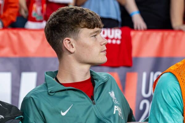 COLUMBIA - Saturday, August 3, 2024: Liverpool's James McConnell before a pre-season friendly match between Liverpool FC and Manchester United FC at the Williams-Brice Stadium on day eleven of the club's pre-season tour of the USA. Liverpool won 3-0. (Photo by David Rawcliffe/Propaganda)