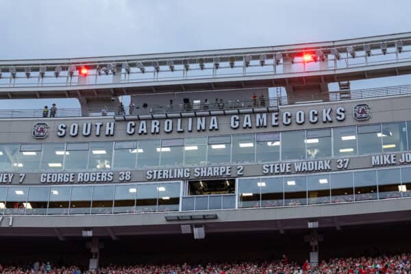 COLUMBIA - Saturday, August 3, 2024: The press box during a pre-season friendly match between Liverpool FC and Manchester United FC at the Williams-Brice Stadium on day eleven of the club's pre-season tour of the USA. Liverpool won 3-0. (Photo by David Rawcliffe/Propaganda)
