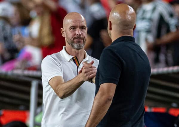 COLUMBIA - Saturday, August 3, 2024: Manchester United's manager Erik ten Hag (L) shakes hands with Liverpool's head coach Arne Slot during a pre-season friendly match between Liverpool FC and Manchester United FC at the Williams-Brice Stadium on day eleven of the club's pre-season tour of the USA. Liverpool won 3-0. (Photo by David Rawcliffe/Propaganda)