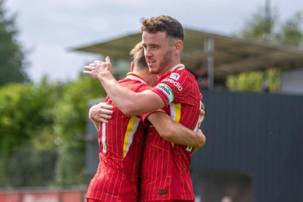 KIRKBY, ENGLAND - Saturday, August 17, 2024: Liverpool's Thomas Hill celebrating the goal during the Premier League 2 Division 1 match between Liverpool FC Under-21's and Manchester City FC Under-21's at the Liverpool Academy. (Photo by Jayde Chamberlain/Propaganda)