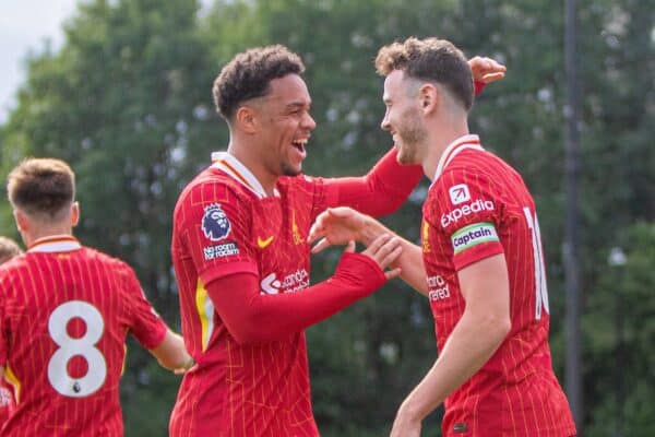 KIRKBY, ENGLAND - Saturday, August 17, 2024: Liverpool's Thomas Hill celebrating the goal during the Premier League 2 Division 1 match between Liverpool FC Under-21's and Manchester City FC Under-21's at the Liverpool Academy. (Photo by Jayde Chamberlain/Propaganda)